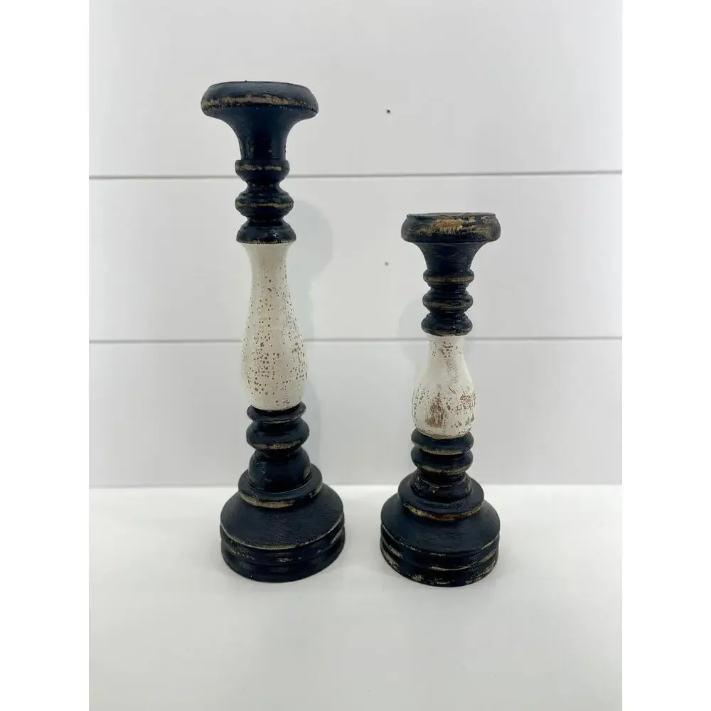 Farmhouse Chunky Wood Candle Holders Black White Distressed Pair Two Home‎ Decor